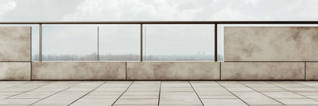 A spacious rooftop terrace features smooth concrete walls and a glass railing, providing an unobstructed view of the city skyline against a backdrop of fluffy clouds.の素材