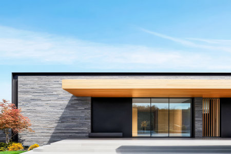 A contemporary home features sleek lines and wooden accents, situated in a serene outdoor setting. Bright sunlight enhances the modern facade and plants frame the entrance beautifully.の素材