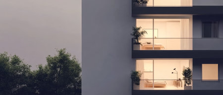 A contemporary apartment building is viewed at dusk, with warm light spilling from windows. Balconies feature plants, creating a tranquil atmosphere in an urban setting.の素材