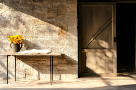 A rustic stone wall with soft shadows highlights a sturdy table adorned with a vase of bright flowers. An open door reveals a warm, inviting atmosphere in the room.の素材