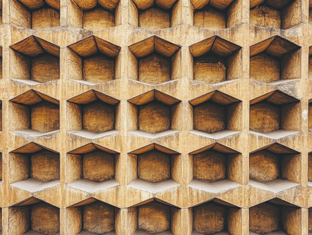 A textured concrete wall showcases a striking arrangement of hexagonal patterns. The carefully crafted shapes create a visually engaging surface that emphasizes symmetry and depth.の素材