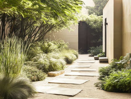 A well-maintained garden pathway lined with natural stones leads through vibrant greenery, creating a tranquil atmosphere. The sunlight filters through the leaves, enhancing the peaceful vibe.の素材