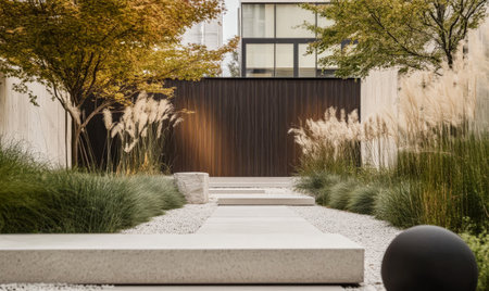A serene garden features smooth stone pathways bordered by lush grass and ornamental plants. The modern backdrop enhances the tranquil atmosphere, inviting relaxation and contemplation.の素材