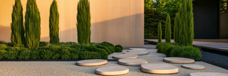 A contemporary garden showcases a pathway of circular stepping stones leading through vibrant green plants. Towering trees line the edges, creating a serene atmosphere in the outdoor space.の素材