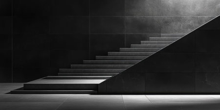 A sleek staircase ascends in a minimalist space defined by dark walls. Strong contrasts between light and shadow highlight the modern design, creating an atmosphere of elegance and depth.の素材
