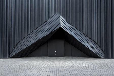 A striking structure showcases bold geometric lines and a textured black facade. The entrance is framed by angular shapes, creating a modern aesthetic against the open plaza.の素材
