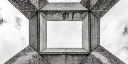 Looking up at a distinct square concrete form with textured surfaces, framed by soft cloud patterns in a gray sky. The image showcases the blend of man-made and natural elements.の素材