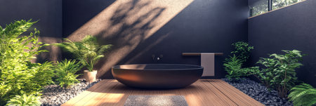 This tranquil outdoor bathroom features a sleek, dark bathtub, surrounded by vibrant plants and smooth stones. Sunlight filters through a large window, creating a serene atmosphere.の素材