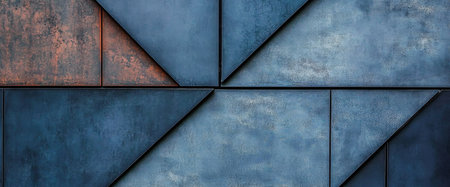 Triangular panels in varying shades of blue create a modern and dynamic texture on a building facade. The design reflects contemporary architectural trends and urban aesthetics.の素材