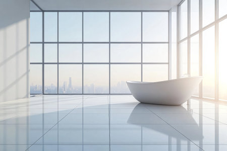 A spacious bathroom features a sleek white bathtub by expansive glass windows that provide a stunning view of the city skyline. Natural light floods the area, creating a serene atmosphere.の素材