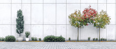 A stylish urban landscape features neatly arranged plants in pots alongside a smooth concrete wall. The green foliage is complemented by touches of autumn hues, creating a refreshing atmosphere.の素材