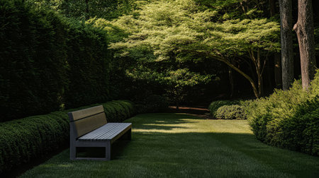 A peaceful garden is featured with a wooden bench placed along trimmed hedges and vibrant trees. Soft sunlight filters through, creating a tranquil atmosphere ideal for relaxation.の素材