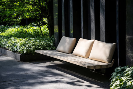 A sleek wooden bench with soft cushions sits against a dark stone wall in a serene urban park. Sunlight filters through lush greenery, creating a calming atmosphere for relaxation.の素材