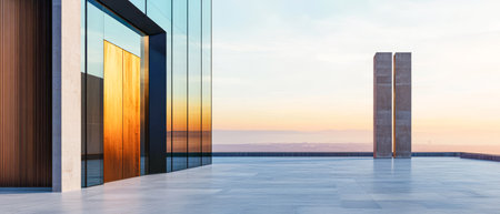 A stunning rooftop terrace showcases sleek glass walls and wooden doors, reflecting warm sunset hues.の素材