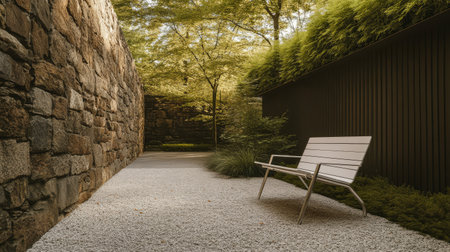A serene outdoor area features a sleek metal bench positioned on white gravel, surrounded by lush greenery and stone walls. Sunlight filters through the trees, creating a peaceful atmosphere.の素材