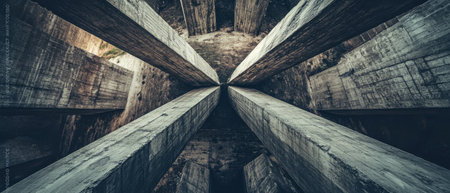 Overhead perspective reveals the intricate arrangement of large concrete pillars converging towards a central point. The rough textures and shadows create a striking visual effect.の素材