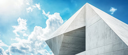 A striking building features angular shapes and clean lines set under a vibrant blue sky scattered with fluffy clouds. The structure displays a blend of creativity and simplicity.の素材
