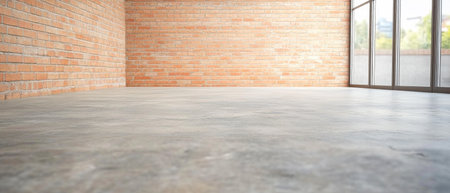Bright and airy room features exposed brick walls and a polished concrete floor. Large windows allow natural light to flood in creating a welcoming atmosphere.の素材