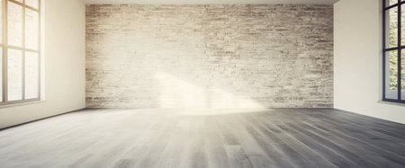 Bright and airy interior space features a light-colored wooden floor and a rugged brick wall. Sunlight streams through large windows enhancing the tranquil atmosphere.の素材