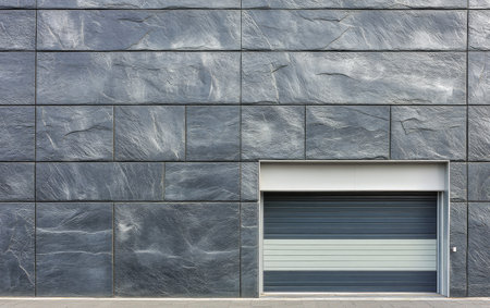 A textured dark gray wall is prominently displayed featuring a sleek garage door with horizontal stripes. This minimalist architecture is set in an urban environment.の素材