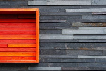 A bright orange wooden frame is set against a wall made of gray stone tiles showcasing the bold color and detailed texture of both materials. The design emphasizes the contrast and simplicity.の素材