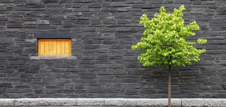 A small green tree stands beside a textured dark stone wall showcasing a bright wooden window. The scene highlights the contrast between nature and architecture creating a serene atmosphere.の素材