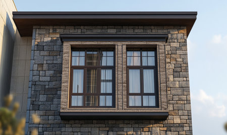 A stylish building showcases a stone facade adorned with two large wooden-framed windows reflecting modern design. Bright sunlight highlights the textured patterns of the stone.の素材