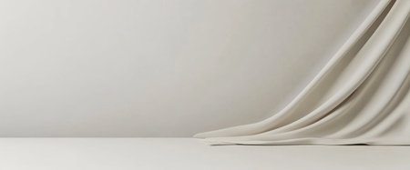 A soft cream-colored fabric is elegantly draped over a smooth white surface. The minimalistic backdrop creates a serene atmosphere ideal for showcasing design elements or decor.の素材