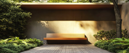 A sleek wooden bench is positioned against a minimalist concrete wall in a tranquil garden. Lush greenery surrounds the area complemented by gentle sunlight creating a peaceful atmosphere.の素材