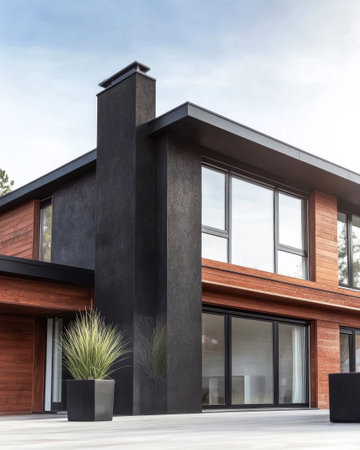 A contemporary residence featuring a combination of wood and dark materials. Large windows invite natural light while potted plants add greenery to the outdoor space creating a tranquil atmosphere.の素材