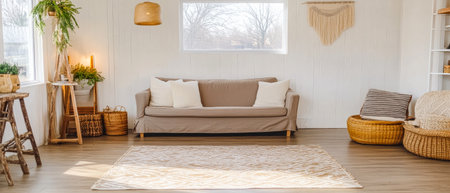 A spacious living room features a comfortable sofa with soft cushions and a woven rug on the floor. Natural light streams in through large windows highlighting the plants and decor.の素材