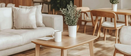 A warm and inviting indoor setting features a light-colored sofa and wooden tables. Potted plants and a coffee cup create a tranquil atmosphere perfect for relaxation.の素材