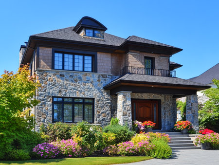 This attractive stone house features a charming facade with a well-maintained garden. Bright flowers bloom around the entrance creating a picturesque and inviting atmosphere under a clear blue sky.の素材