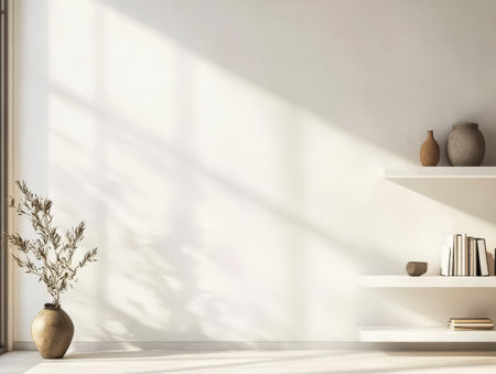 A serene living area showcases a minimalist design with a simple wall shelves holding books and pottery and a vase with a plant all illuminated by soft sunlight.の素材