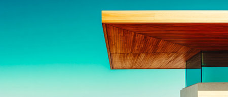A striking architectural structure showcases a wooden overhang seamlessly blending with a clear blue sky. The contrast highlights the contemporary design and clean lines.の素材