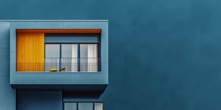 A contemporary building showcases a sleek balcony with wooden accents against a blue-tinted wall. The minimalist design emphasizes clean lines and vibrant colors blending nature with modernity.の素材