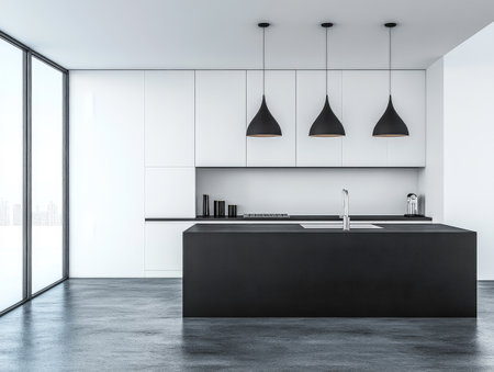 An elegant kitchen features a large black island with a sink surrounded by minimalist cabinetry and three modern pendant lights. Large windows illuminate the space with natural light.の素材