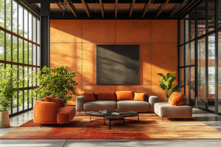 Spacious living area features a gray and orange sofa set stylish coffee table lush plants and vibrant rug all illuminated by natural light flooding through large windows.の素材