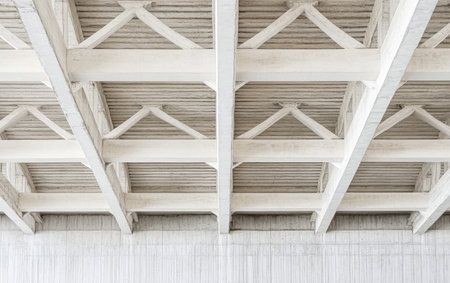 The ceiling reveals a geometric pattern of white beams set against a smooth light-colored surface. The design showcases modern architecture emphasizing space and structure.の素材