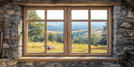 A wooden window frames a stunning landscape of rolling hills and green fields under a clear sky. The serene view invites tranquility and connection with nature.の素材