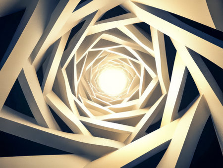 Bright light shines at the center of a complex spiral structure showcasing a mesmerizing design made of angled interwoven elements in a gradient of light tones.の素材