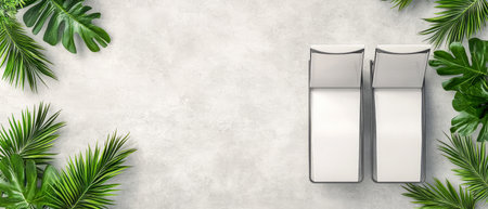 Two sleek gray boxes are placed symmetrically on a light textured surface. Lush tropical leaves frame the scene creating a fresh and vibrant atmosphere ideal for a modern display.の素材