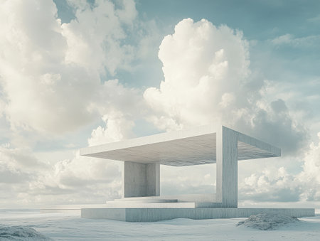 A minimalistic concrete structure stands isolated against a backdrop of vast clouds and a tranquil environment. The design showcases simplicity and harmony with nature.の素材