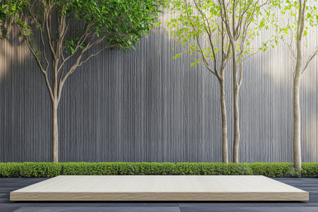 A contemporary outdoor area features a smooth wooden platform resting on dark tiles surrounded by verdant plants and trees against a textured wooden wall creating a tranquil ambiance.の素材
