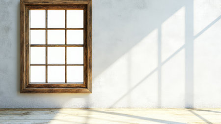 A wooden framed window with multiple panes casts shadows and illuminates a blank wall. Natural light creates a warm atmosphere in the quiet empty room.の素材
