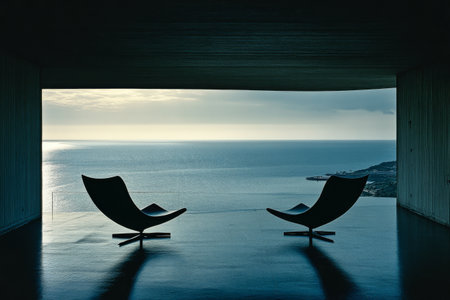 Two stylish chairs are positioned facing a serene ocean view just after sunset. The calm waters reflect muted colors creating a peaceful ambiance in a contemporary interior setting.の素材