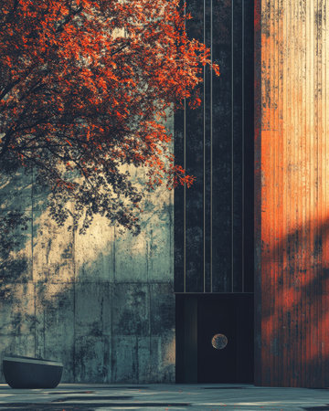 A contemporary building showcases a mix of smooth and rough surfaces highlighted by brilliant autumn leaves. The design integrates nature and architecture harmoniously enhancing visual appeal.の素材