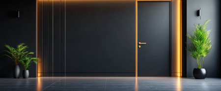 A contemporary hallway with a dark wall elegant lighting accents and two stylish potted plants adds a touch of sophistication to the space inviting exploration.の素材