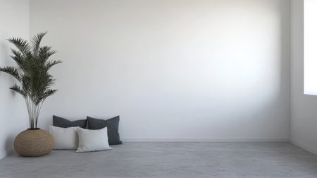 A spacious room showcases minimalist interior design with a large window letting in natural light. A potted plant stands next to a cozy arrangement of cushions in neutral tones.の素材