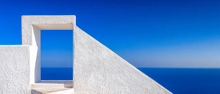 A white structure with geometric shapes showcases an open window that perfectly frames the expansive ocean below. The clear blue sky enhances the serene atmosphere of the scene.の素材
